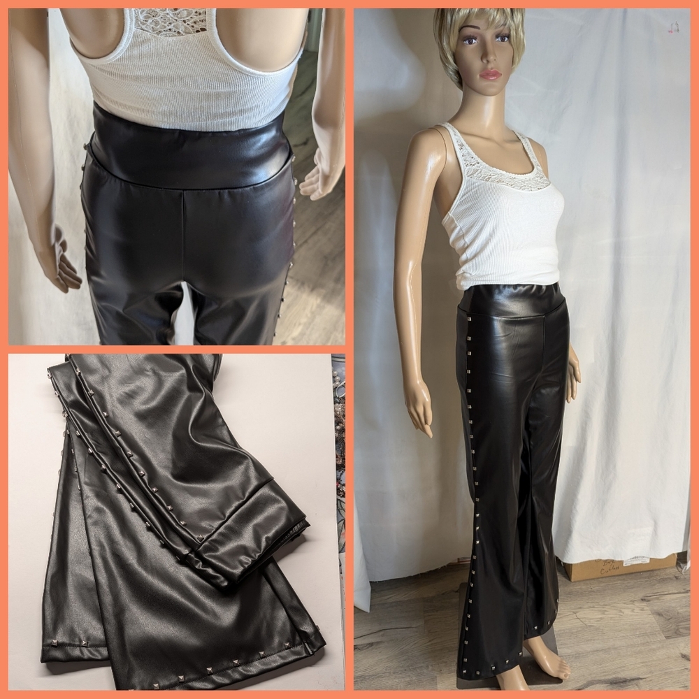 Full Circle Trends black faux leather studded high waist bell bottoms flares S/M